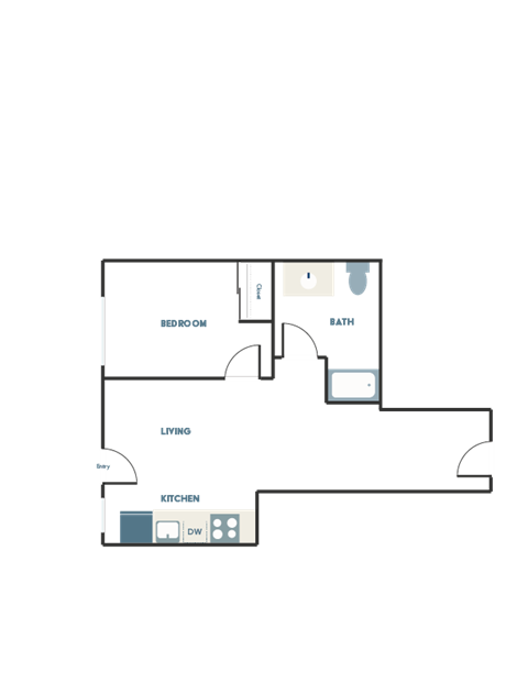 A floor plan of a house with a bedroom, bath, living room, and kitchen.